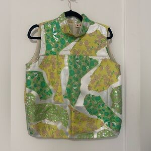 Marni patchwork floral collared sleeveless top green/yellow/metallic- 40IT (M/L)